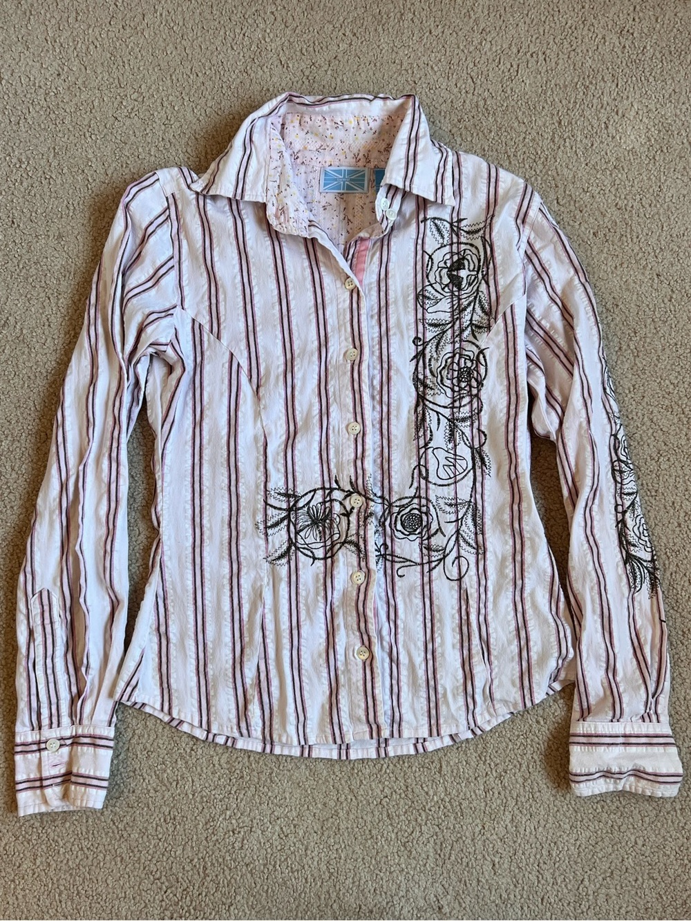 Striped Button-Up Shirt with Floral Embroidery - White & Pink